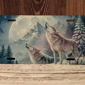 Wolf License Plate with Mountain Scene